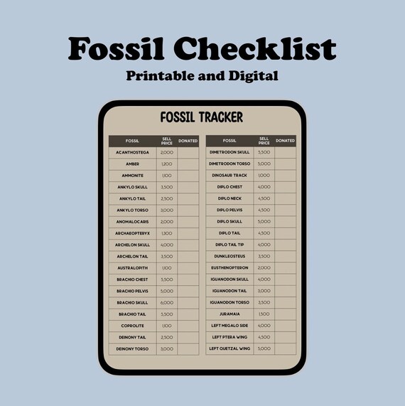 ACNH Fossil Checklist 2.0 Update Fossil List Fossil Etsy