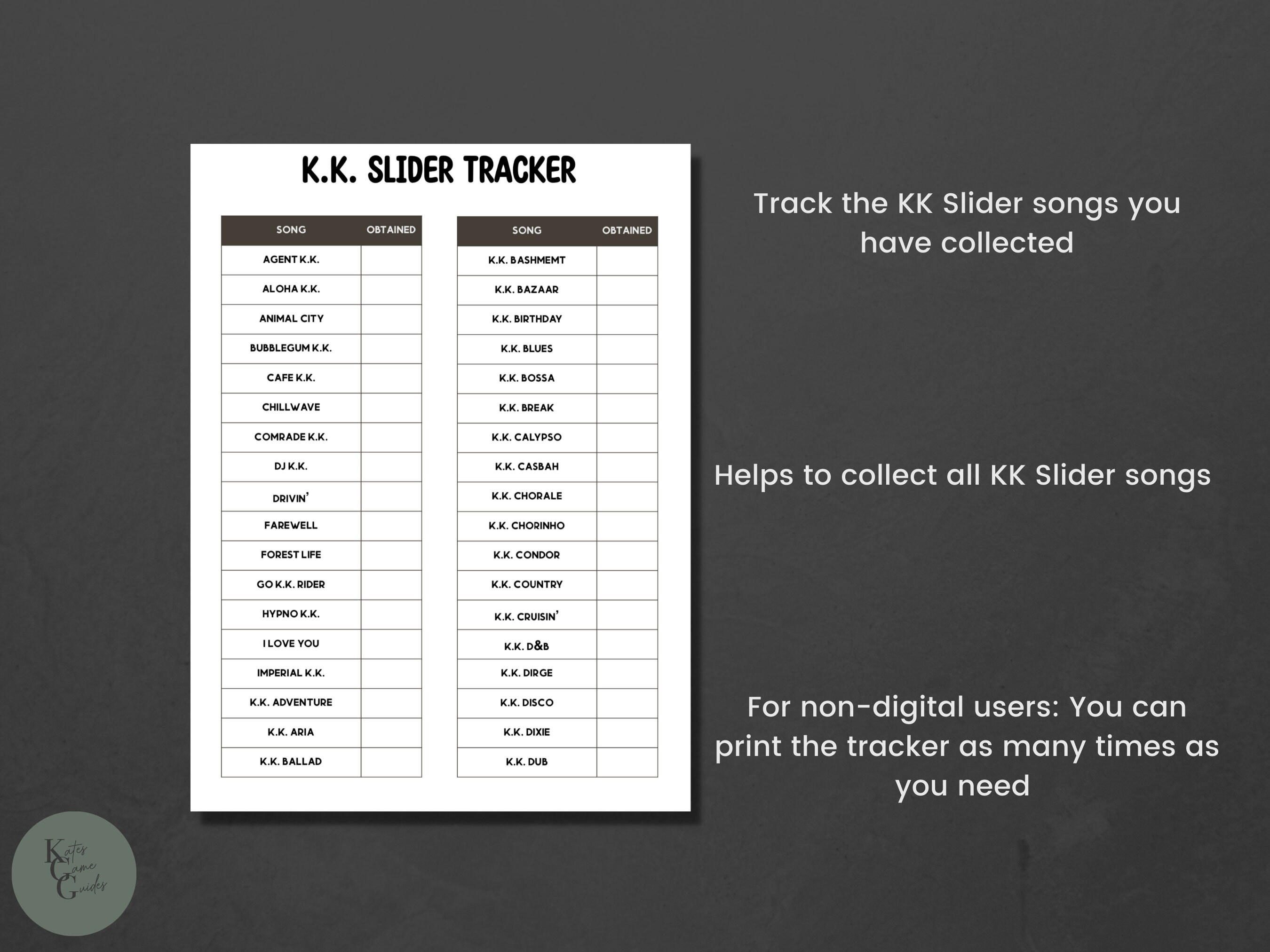 ACNH KK Slider Song Checklist 2.0 Update Digital Plan Gaming Song