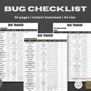 Op de afbeelding: Een printbare insecten-tracker-checklist met een zwart-wit ontwerp. De checklist bevat een lijst met insecten, hun prijzen, locaties, tijden, maanden en een plek om bij te houden hoeveel er zijn gevangen en gedoneerd. De checklist is verdeeld in twee secties: Zuidelijk halfrond en Noordelijk halfrond.