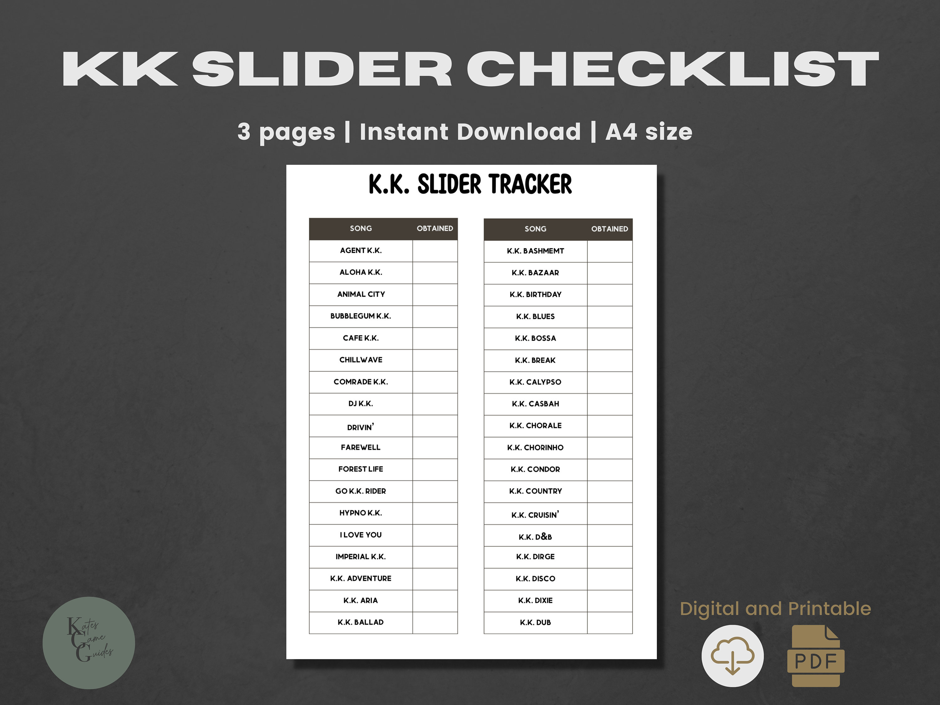 ACNH KK Slider Song Checklist | 2.0 Update | Digital Plan Gaming | Song ...