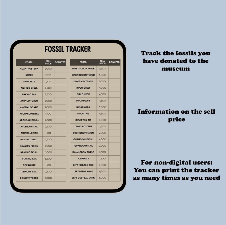 ACNH Fossil Checklist 2.0 Update Fossil List Fossil Etsy