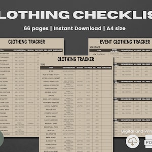 Könnte beinhalten: Ein druckbarer Kleidungs-Checklisten-Tracker mit 66 Seiten. Die Checkliste ist in drei Abschnitte unterteilt: Anziehen, Oberteile und Event-Kleidungs-Tracker. Jeder Abschnitt enthält eine Liste von Kleidungsstücken mit Spalten für die Beschaffung des Artikels, die Saison, den Kaufpreis, den Verkaufspreis und den Kauf.