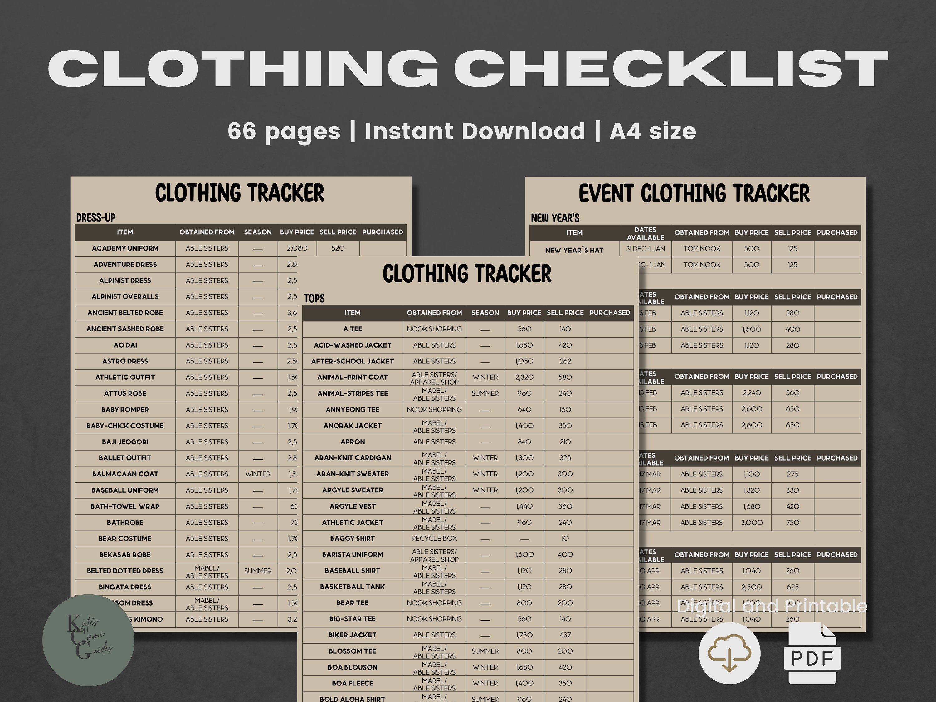 ACNH Clothing Checklist 2.0 Update Clothing Catalog Clothes Price List