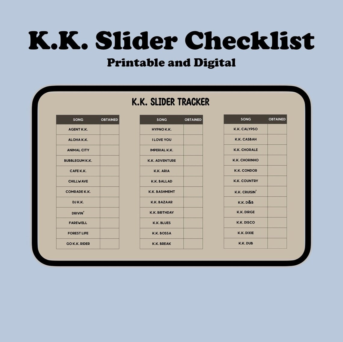 ACNH KK Slider Song Checklist 2.0 Update Kk Slider List Etsy