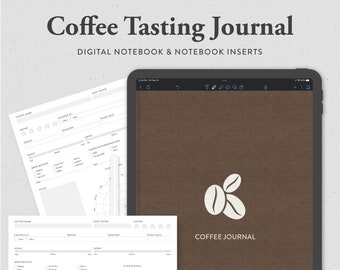 Puede incluir: Un diario digital de cata de café con un fondo marrón y un icono de grano de café blanco. El diario incluye una plantilla imprimible para registrar las notas de cata de café, incluyendo el nombre del café, el origen, la fecha de tueste, el método de elaboración y la rueda de sabores.