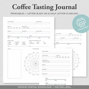 Diário de degustação de café para impressão com opções de carta (8,5 x 11 pol.) e meia letra (5,5 x 8,5 pol.)