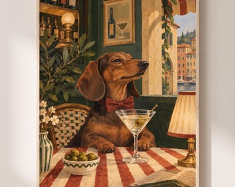 Teckel met Martini kunstprint, grappige hondenposter, cocktail muurdecoratie, kleurrijke dierenillustratie, ingelijste keukenprint