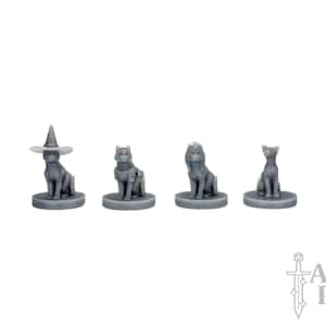 Cat Variety Pack (Set of 4) Miniatures, Magical Cat Familiar Minis, Witch Cat + Armor Cat + Pharaoh Cat + Regular Cat, Fantasy Feline Minis