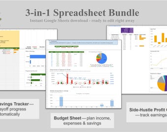 May include: A 3-in-1 spreadsheet bundle for Google Sheets, with the text "Save 47%!" and "Instant Google Sheets download - ready to edit right away." Includes a debt and savings tracker, a budget sheet, and a side-hustle profit calculator.