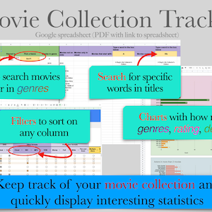 Movie Collection Tracker with Charts, Searches by Dropdowns, Pivot tables, Filters  - Google Spreadsheet template