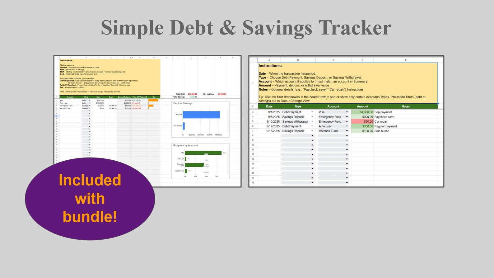 Finance Spreadsheet Bundle | Budget Starter + Debt & Savings Tracker ...