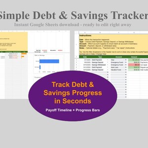 以下が含まれることがあります： 「Simple Debt & Savings Tracker」と「Track Debt & Savings Progress in Seconds」のテキストが入ったデジタル財務トラッカー。画像は、ダウンロードしてすぐに編集できるように設計された、グラフとデータを含むスプレッドシートを示しています。