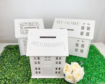 White MDF Wooden Wishing Well Gift Wish Box With Design Wedding Party Money House See Throught Windows