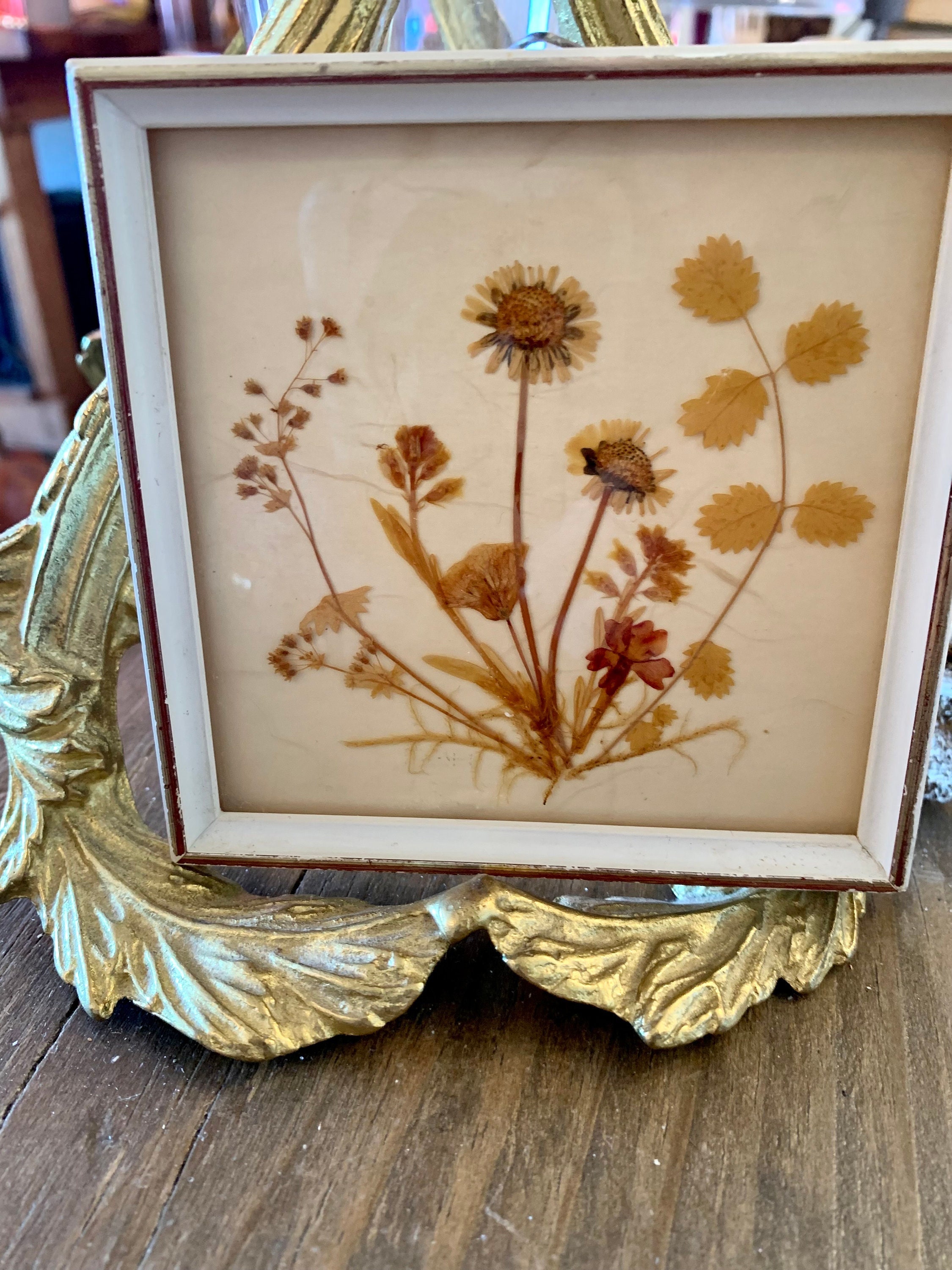 VTG Framed Wildflowers Pressed Dried Flower Arrangement On Handmade Paper  Signed