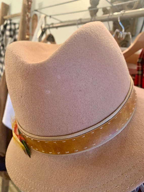 Tan Fedora Hat with Feather Accent Vintage Mr. K Tan Fedora: 100% Wool Felt Feather Hat - Etsy main image 3
