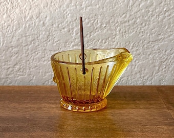 Vintage Amber Glass Coal Bucket Ashtray - Small Honey Colored Glass with Working Handle