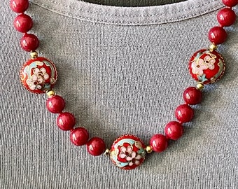 Red Cloisonne Beaded Necklace featuring Pink and Turquoise Flowers and Red Beads.  Gold Accents! Vintage Necklace!