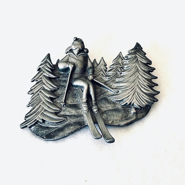 Winter Brooch, Signed! Unique Signed AJC Pewter Brooch. Female Skier Brooch - Elegant Downhill Skiing Jewelry!