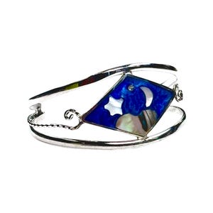 Alpaca Silver Bracelet with Blue Shell Inlay - Moon & Star Design