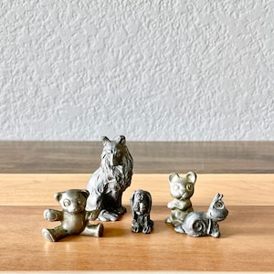 Vintage Pewter Animal Figurines: Dog, Bear, Bunny, Snail, Bloodhound
