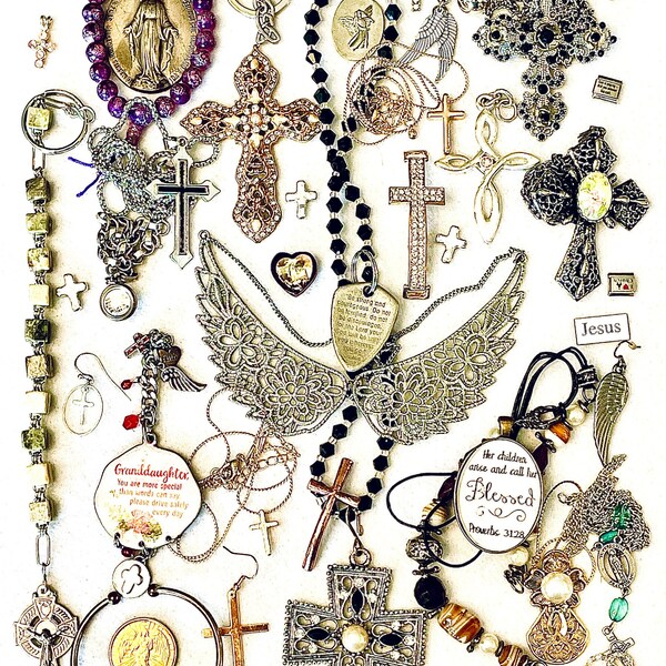 Religious Themed Costume Jewelry and Craft Items! Vintage items, broken jewelry. Almost 1 Pound for creating and repurpose!