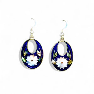 Floral Abalone Inlay Dangle Earrings: Alpaca Silver Mexico