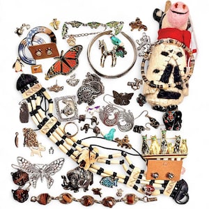 Upcycled Animal Themed Jewelry Grab Bag and Vintage Craft Supplies Lot