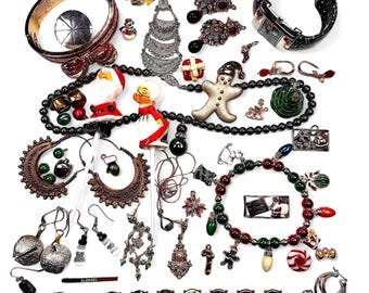 Joias e suprimentos para artesanato vintage e novos com tema de feriado - Grab Bag