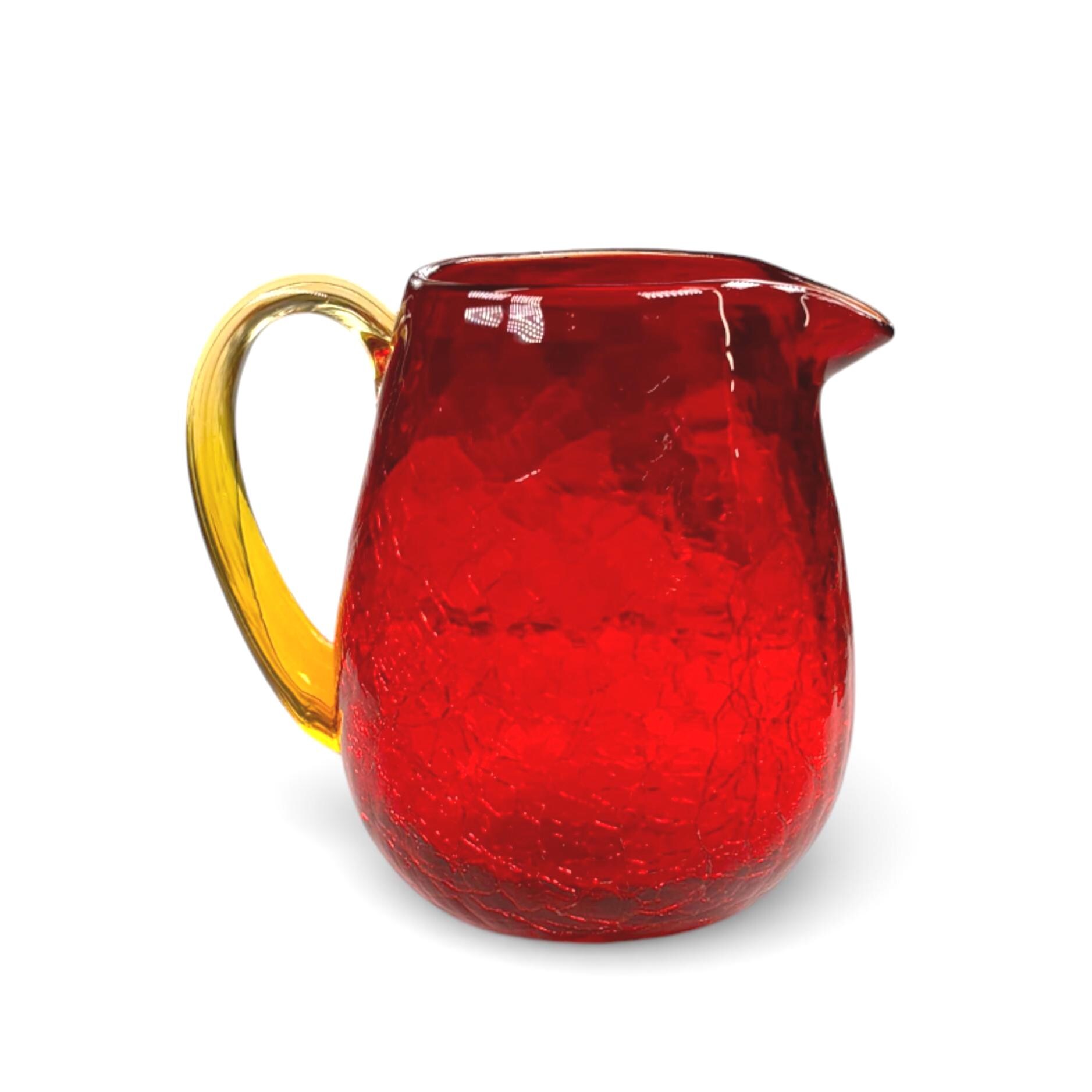 赤いガラス花器 ピッチャー型　ヴィンテージ ヴィンテージ アンベリーナ クラックルガラス花瓶：赤と黄色の