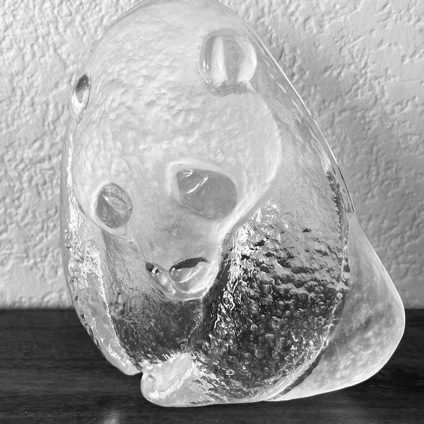 Viking Glass Panda Bear Paperweight or Art Glass Sculpture! Vintage Clear Glass Panda Bear Figurine! Panda Bear Bookend!