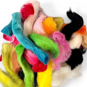 May include: A collection of loose, unspun wool roving fibers in a vibrant assortment of colors including bright turquoise, lime green, hot pink, sunny yellow, orange, black, white, brown, and soft pastel pink, arranged in a dense, textured pile.