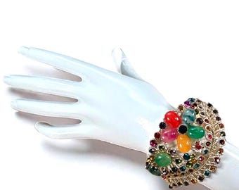 Floral Statement Jewelry: Vintage Colorful Rhinestone Cuff Bracelet