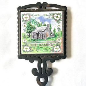 Vintage Ceramic & Cast Iron Trivet.  Unique Ozark Cabin Decor.