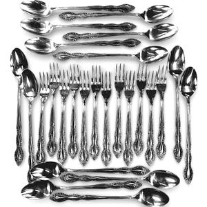 May include: A collection of vintage silverware is arranged in an overhead shot. The set includes spoons and forks with detailed, decorative handles. The polished metal reflects light, creating a bright and elegant display, suitable for formal dining or special occasions.