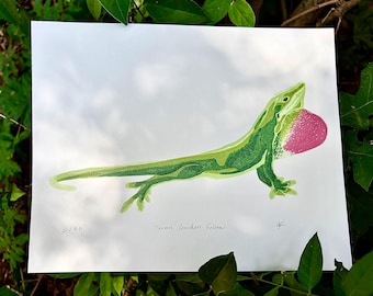 Texan Garden Fellow Linoleumsnitt - Väggkonst med grön anole
