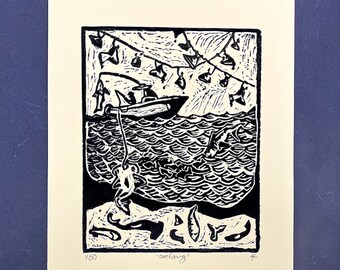 Grabado en linóleo sobre la sobrepesca