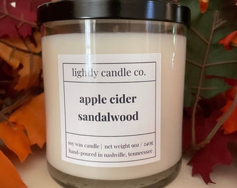 Apple Cider, Sandalwood Candle: 9 oz Soy Wax Clean Fall Candle