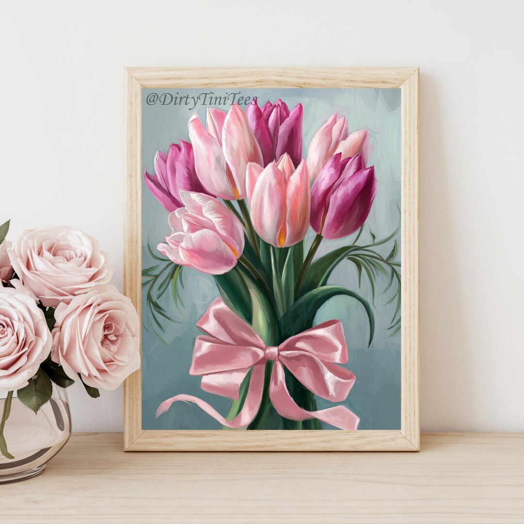 Pink Tulips Flower Bouquet Pink Bow Wall Art Print Digital File Bedroom ...