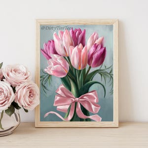Rosa Tulpen Blumenstrauß rosa Schleife Wand Kunst Druck Digitale Datei Schlafzimmer Wohnzimmer Büro Galerie Wand - mehrere Größenverhältnisse inklusive