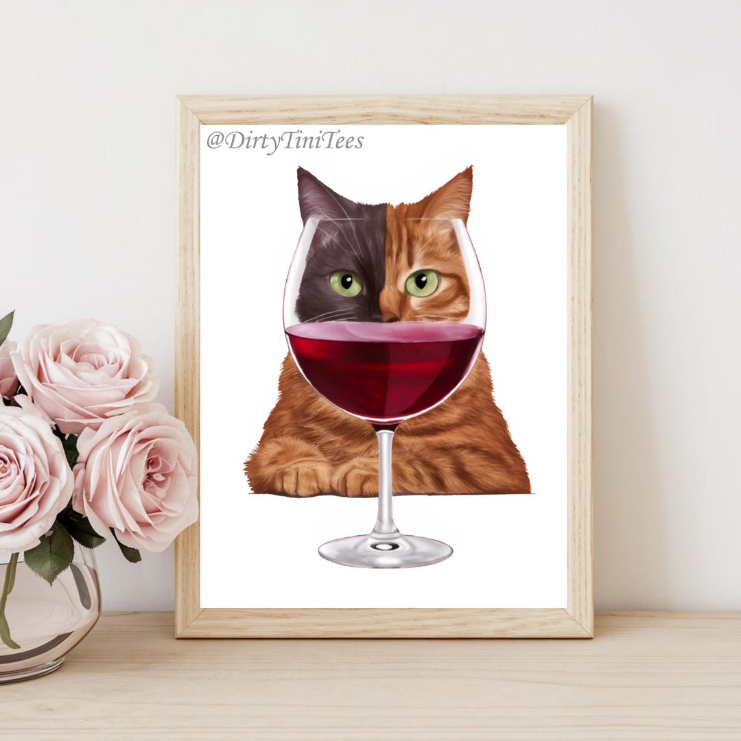 Orange Cat Red Wine Glass Wall Art Print Digital File Bedroom Living ...