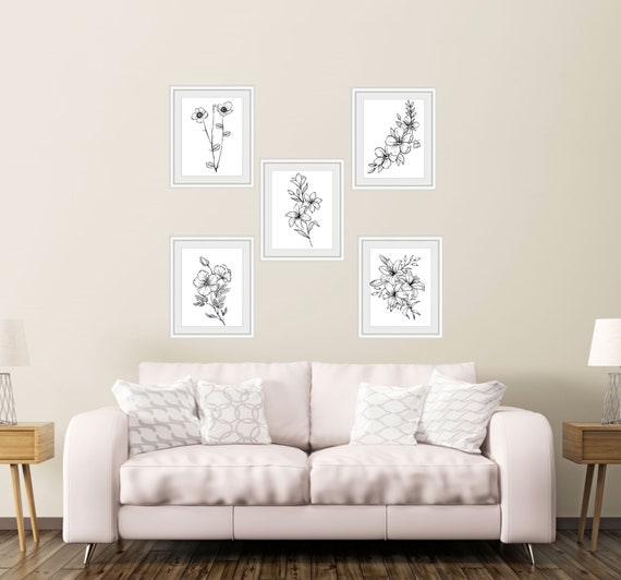 Black and White Flower Outline Canvas Print PDF Etsy