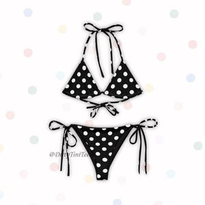 May include: Black and white polka dot bikini set. The halter top and tie-side bottoms feature a classic polka dot pattern. The bikini is designed with tie closures for an adjustable fit. The image includes the text "@DirtyTiniTee".
