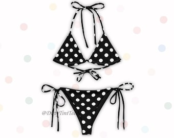 Black Polka Dot String Bikini: Summer Vacation Swimsuit Birthday Gift Bachelorette Party