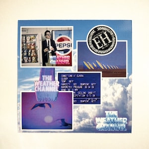 May include: A collage of images featuring the Weather Channel logo, a man in a suit, a Pepsi logo, and an array of satellite dishes. The text "The Weather Channel" appears multiple times in the collage. The text "Conditions at Elmira" is also visible, along with weather data including temperature, humidity, dew point, barometric pressure, ceiling, and precipitation.