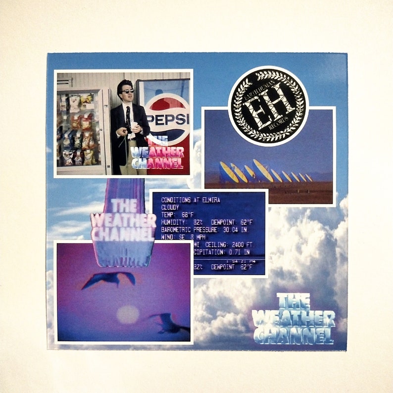 May include: A collage of images featuring the Weather Channel logo, a man in a suit, a Pepsi logo, and an array of satellite dishes. The text "The Weather Channel" appears multiple times in the collage. The text "Conditions at Elmira" is also visible, along with weather data including temperature, humidity, dew point, barometric pressure, ceiling, and precipitation.