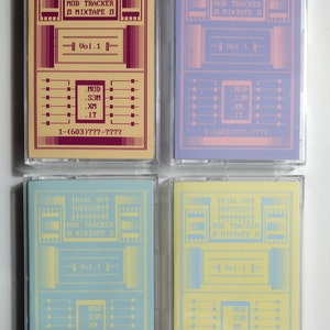 May include: Four cassette tapes with colorful, geometric designs. Each tape features the text "DIAL-UP+ ODYSSEY+ MOD TRACKER MIXTAPE Vol. 1" and other text. The color schemes include yellow, blue, and purple.