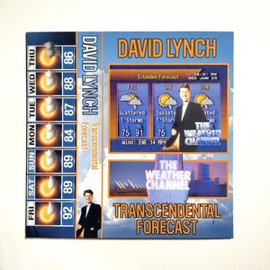 May include: A blue and white cassette tape with a picture of David Lynch on the front. The tape is titled "David Lynch Transcendental Forecast" and features a weather forecast graphic with the text "The Weather Channel".