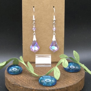 May include: A pair of dangle earrings with iridescent, teardrop-shaped crystals. The earrings are displayed on a brown cardboard stand with a wooden base, accented by blue glass stones and green leaves. The earrings have silver-colored metal accents.