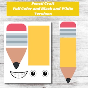 May include: A printable craft activity for kids featuring a pencil with a smiling face. The craft includes a full color version and a black and white version. The printable includes a pencil, eraser, eyes, and a mouth.