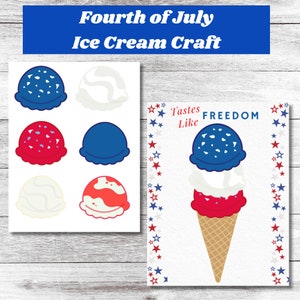 Peut inclure: Une activité de bricolage imprimable pour les enfants avec un cornet de glace aux couleurs rouge, blanc et bleu. Le texte "Tastes Like FREEDOM" est sur la carte.